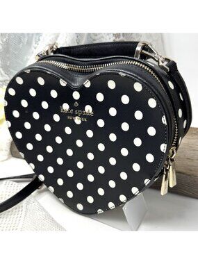 Kate Spade Black & White Polka Dot Heart-Shaped Crossbody Bag With Gold Hardware